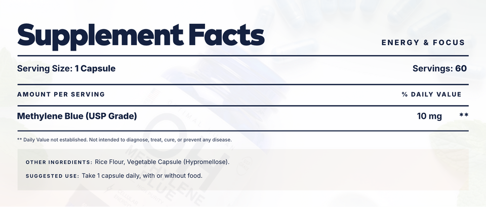 USP Grade Methylene Blue 10mg Capsules Supplement Facts panel