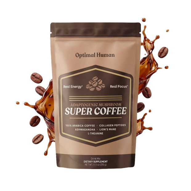 Optimal Human - Adaptogenic Mushroom Super Coffee — Brown stand-up pouch with cream label reads 'Optimal Human Adaptogenic Mushroom Super Coffee', callouts 'Real Energy', 'Real Focus', ingredients 100% Arabica Coffee, Collagen Peptides, Ashwagandha, Lion's Mane, L-Theanine, coffee splash and beans around pouch, 11 fl oz / 315g