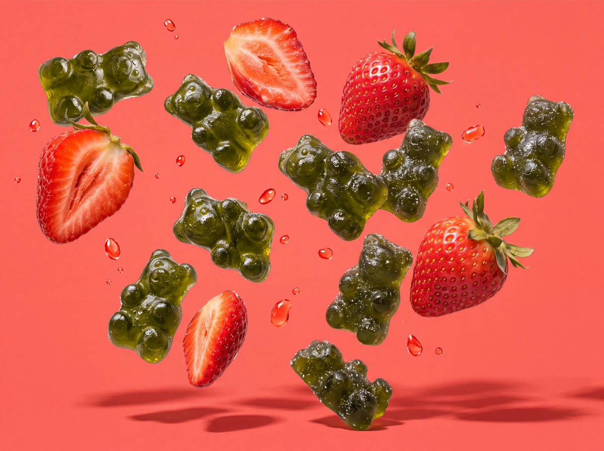 A hand holding a single-serve pack of Optimal Human Superfoods Greens Gummies beside two gummy bears, on coral paper