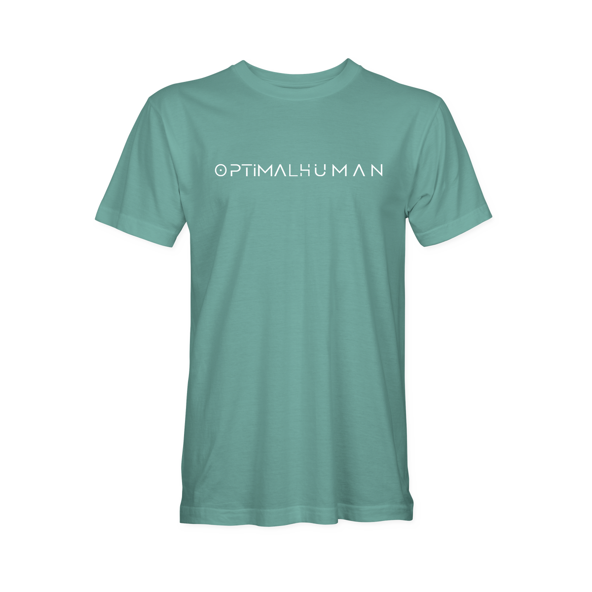 Optimal Human - Optimal Human T-Shirt — Sage green short-sleeve crew neck T-shirt laid flat with white 'OPTIMALHUMAN' wordmark printed across the chest, product photography on white background