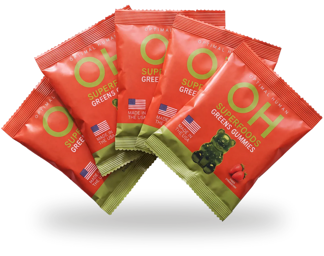 Five single-serve packs of Optimal Human Superfood Greens Gummies