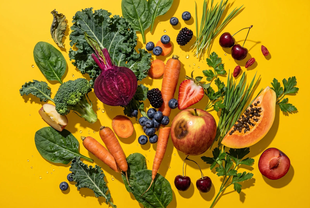 Kale, beets, carrots, berries, cherries and papaya piled on a yellow background