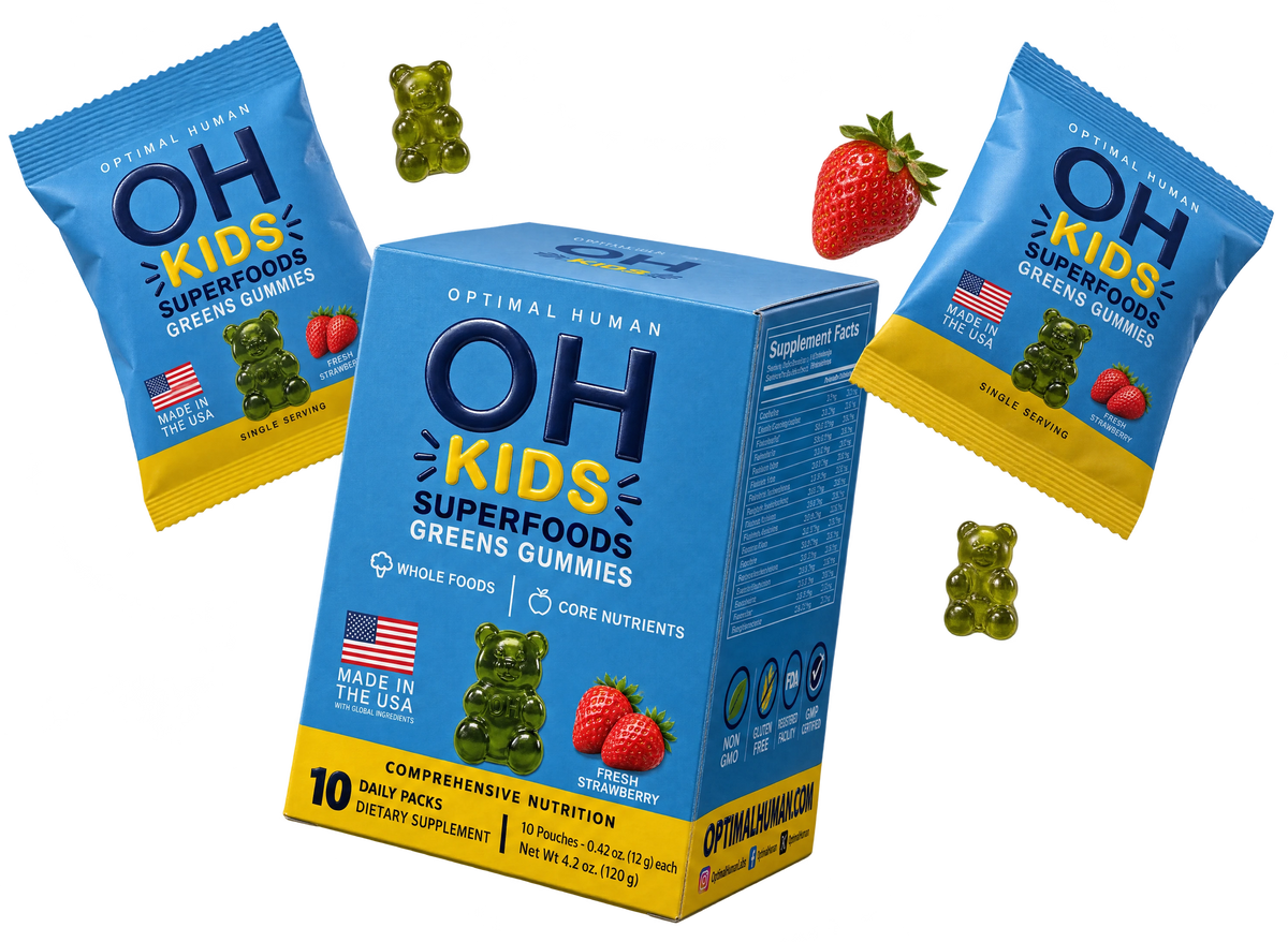 The Optimal Human Superfood Greens Gummies for Kids 10-pack box with two blue kids packs, green gummy bears and fresh strawberries