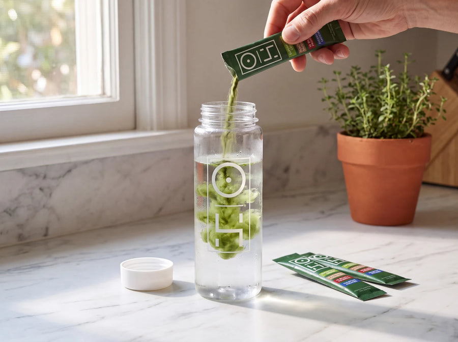Green powder blooming into a bottle of cold water as a stick pack is poured in