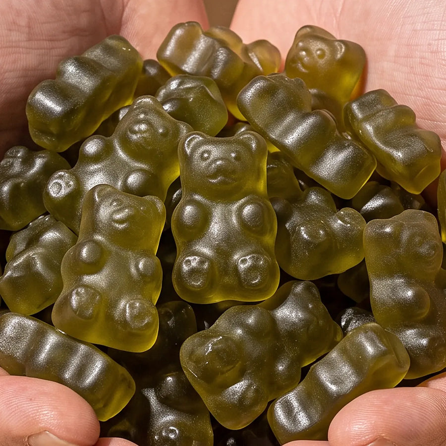 Two hands full of green Superfood Greens Gummies
