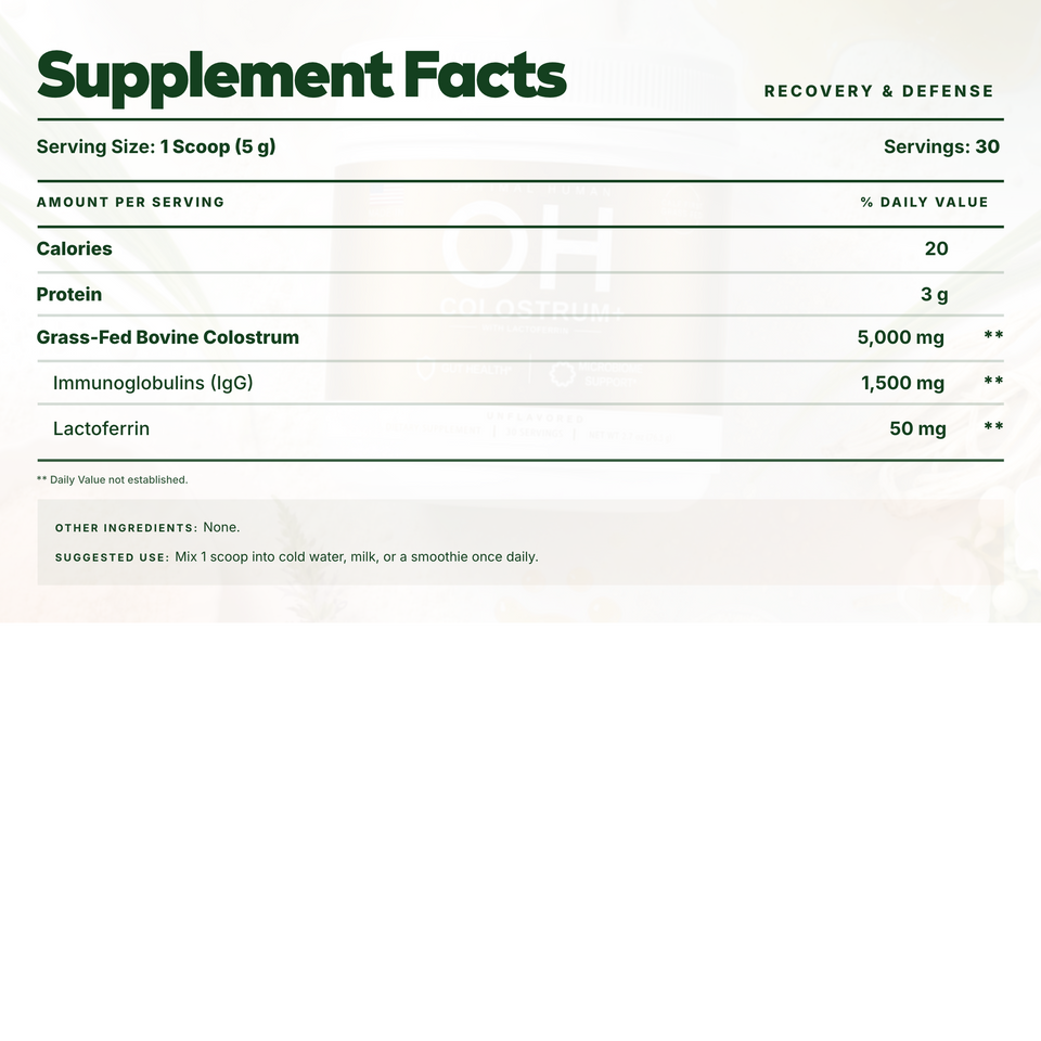Bovine Colostrum+ Recovery & Defense Supplement Facts panel