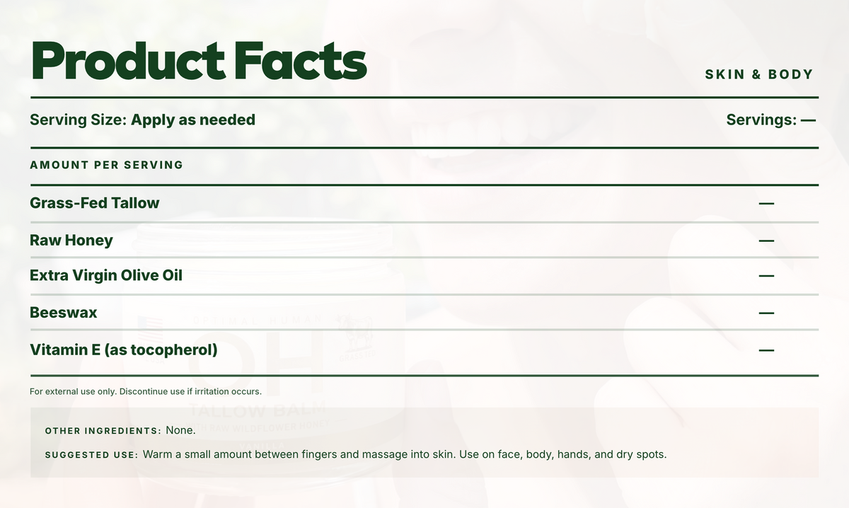 Grass-Fed Tallow Balm With Raw Honey Supplement Facts panel