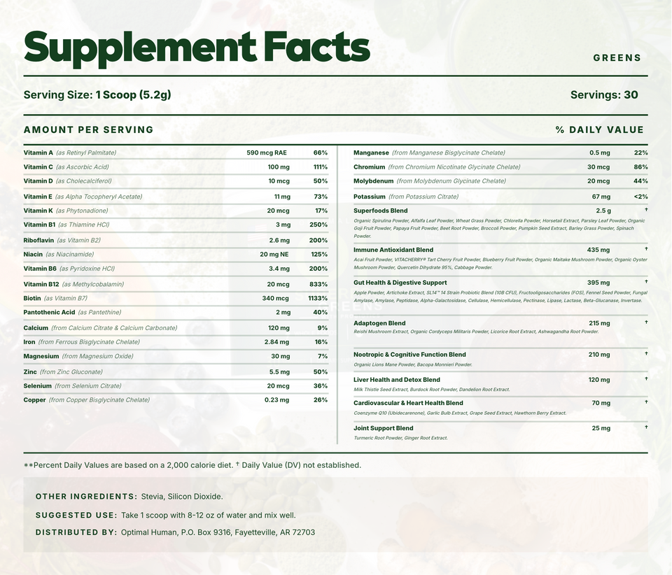 Superfood Greens Tub (30-Day Supply) Supplement Facts panel