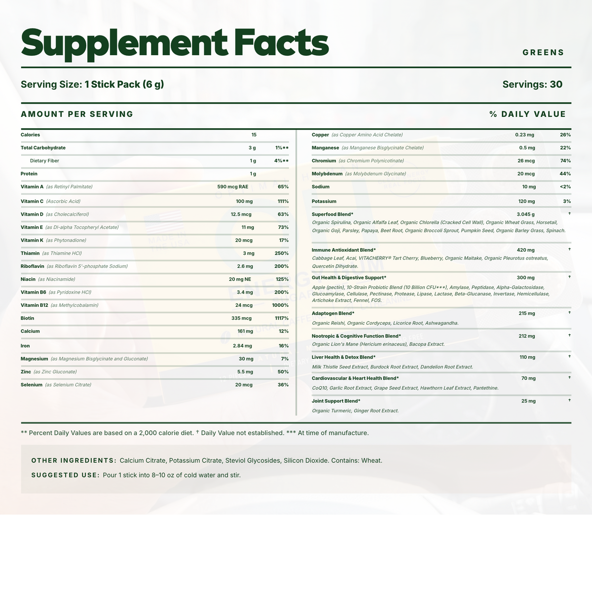 Superfood Greens Supplement Facts panel