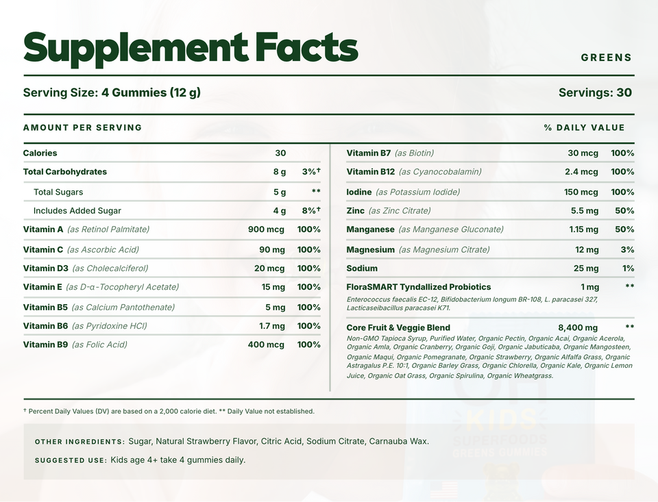 Superfood Greens Gummies for Kids (30 Day Supply) Supplement Facts panel