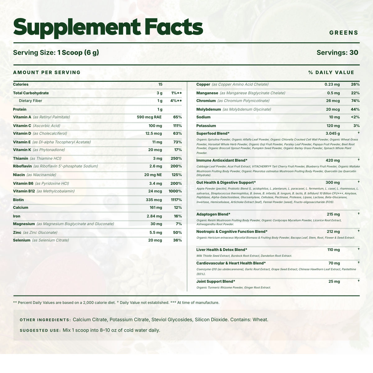 Superfood Greens Tub Supplement Facts panel