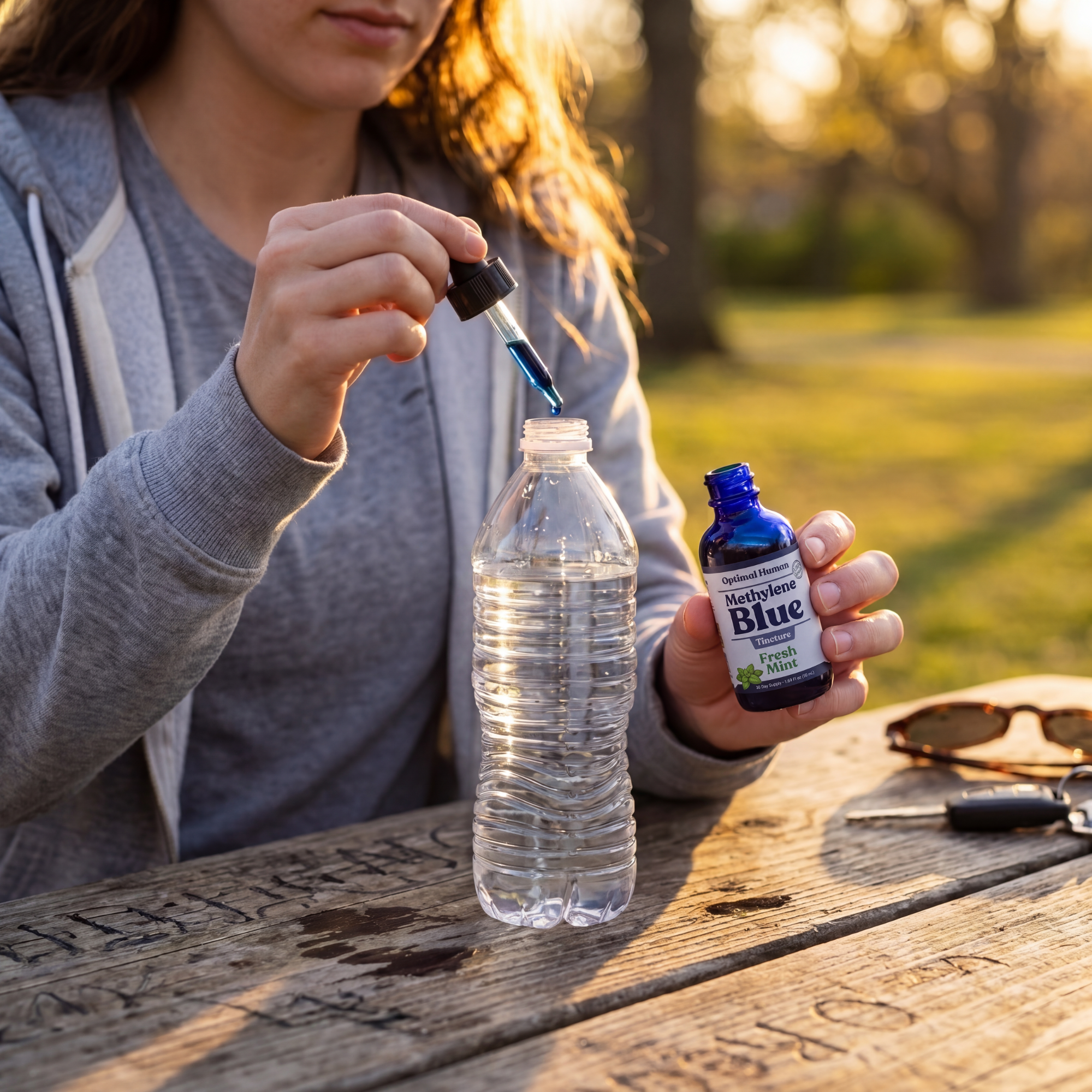 Optimal Human - USP Grade Methylene Blue (Fresh Mint) — Golden-hour outdoor lifestyle shot of woman in gray hoodie at wooden picnic table dripping blue tincture from glass dropper into clear water bottle, Optimal Human Methylene Blue Fresh Mint bottle in hand