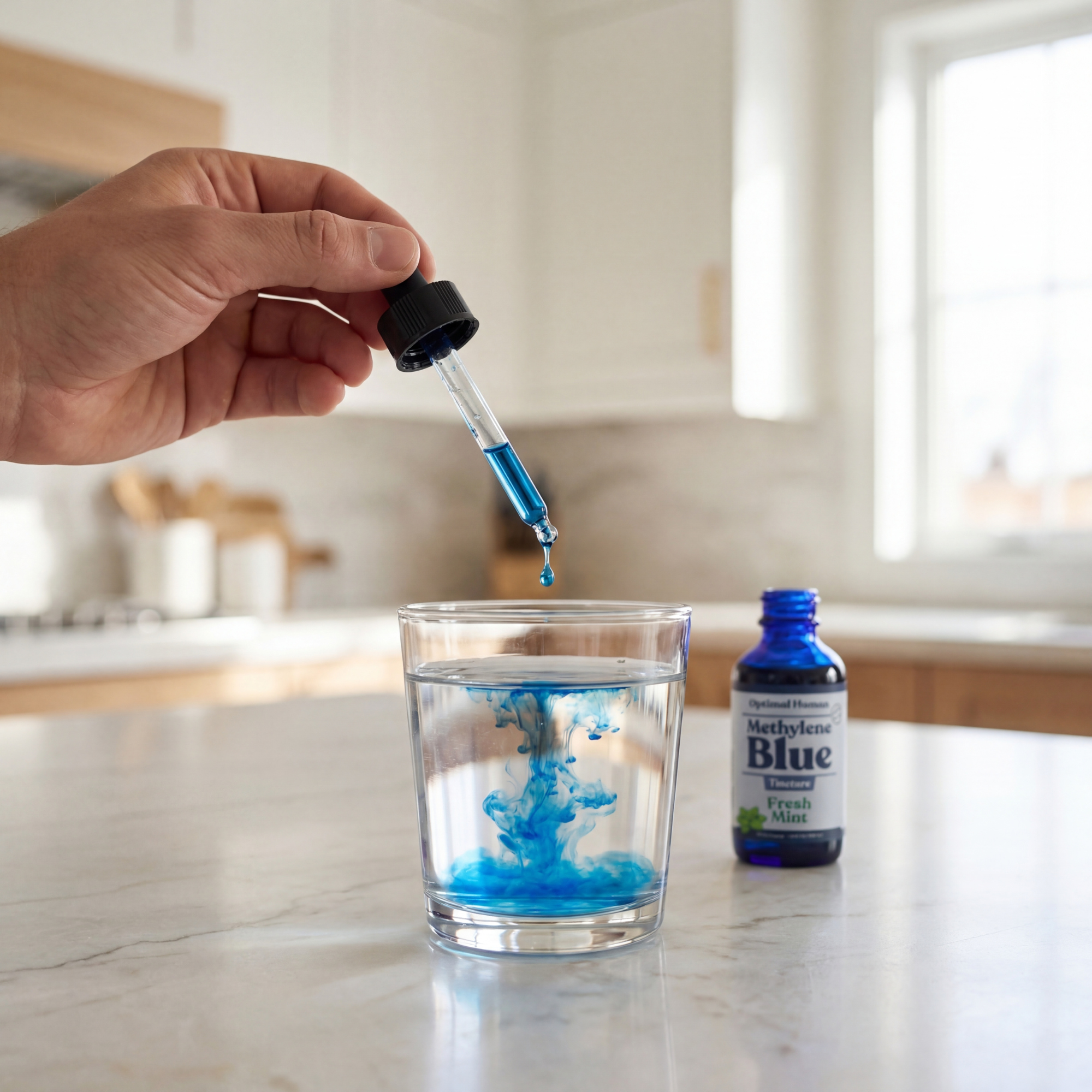 Optimal Human - USP Grade Methylene Blue (Fresh Mint) — Lifestyle kitchen shot of hand using glass dropper to drip blue liquid into a clear glass of water on marble counter, cobalt blue Optimal Human Methylene Blue Fresh Mint tincture bottle beside