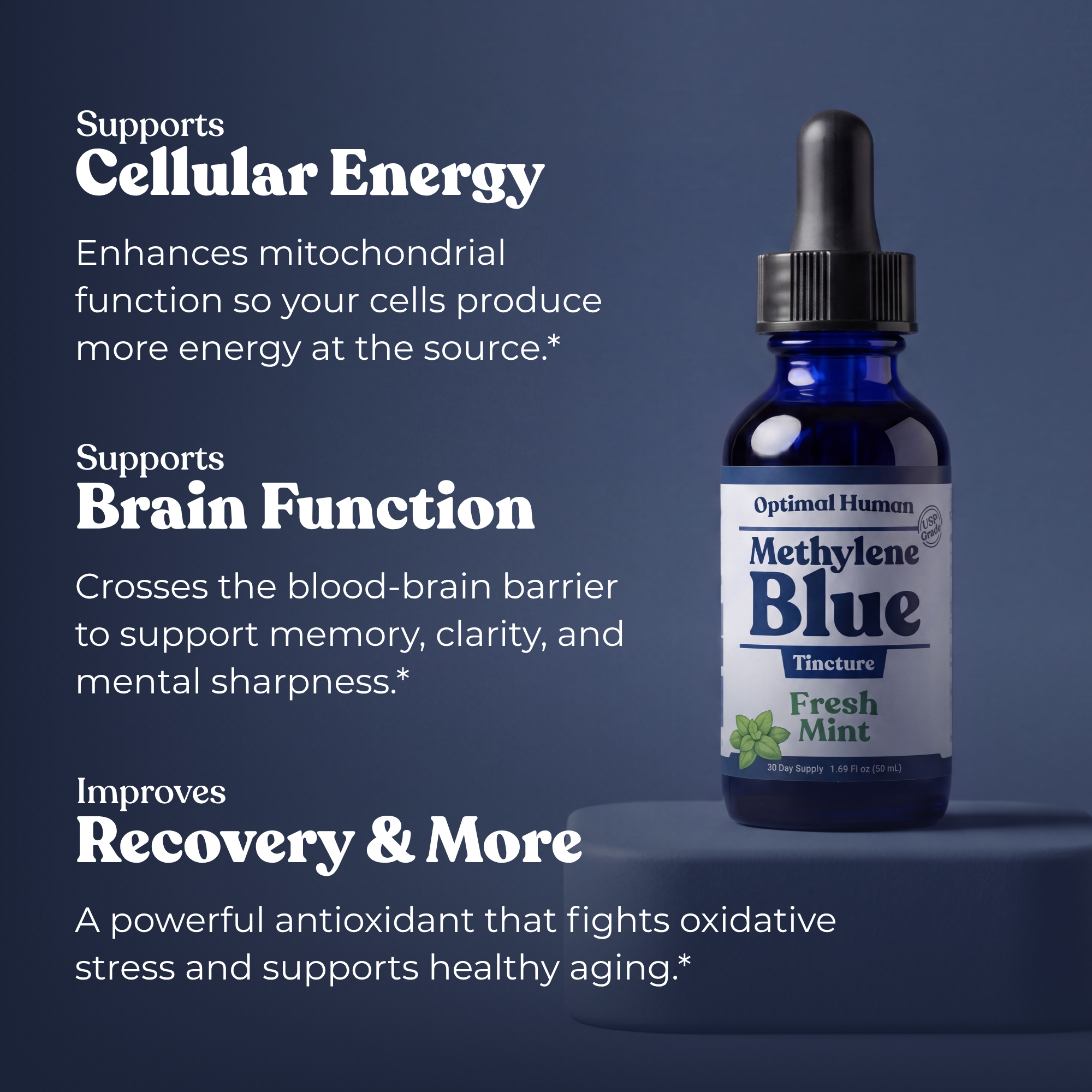 Optimal Human - USP Grade Methylene Blue (Fresh Mint) — Navy benefits graphic with cobalt blue Methylene Blue Fresh Mint bottle on pedestal, headlines 'Supports Cellular Energy,' 'Supports Brain Function,' 'Improves Recovery & More' covering mitochondrial, brain, antioxidant claims