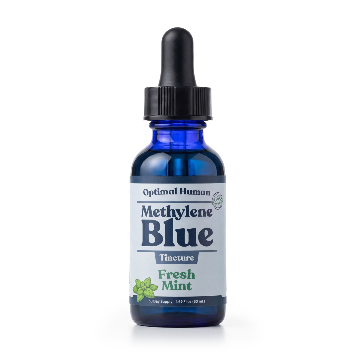 Optimal Human - USP Grade Methylene Blue (Fresh Mint) — Cobalt blue glass dropper bottle with black dropper cap and label reading 'Optimal Human Methylene Blue Tincture Fresh Mint,' mint leaf graphic, 30 Day Supply, 1.69 Fl oz (50 mL)