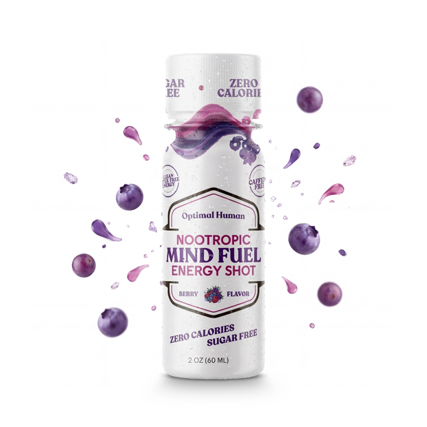 Optimal Human - Mind Fuel - Nootropic Energy Shot (Single) — White 2 oz bottle with purple swirl graphic reads 'Optimal Human Nootropic Mind Fuel Energy Shot Berry Flavor', badges 'Zero Calories', 'Sugar Free', 'Caffeine Free', blueberries and purple splash surrounding bottle