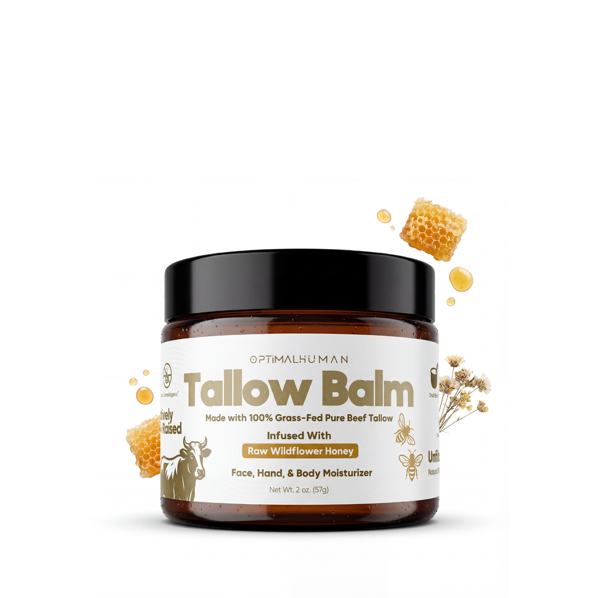 Optimal Human - Grass-Fed Tallow Balm With Raw Honey — Amber glass jar with black lid, cream label reads 'Tallow Balm Made with 100% Grass-Fed Pure Beef Tallow Infused With Raw Wildflower Honey', honeycomb and dried flowers around jar, 2 oz net weight