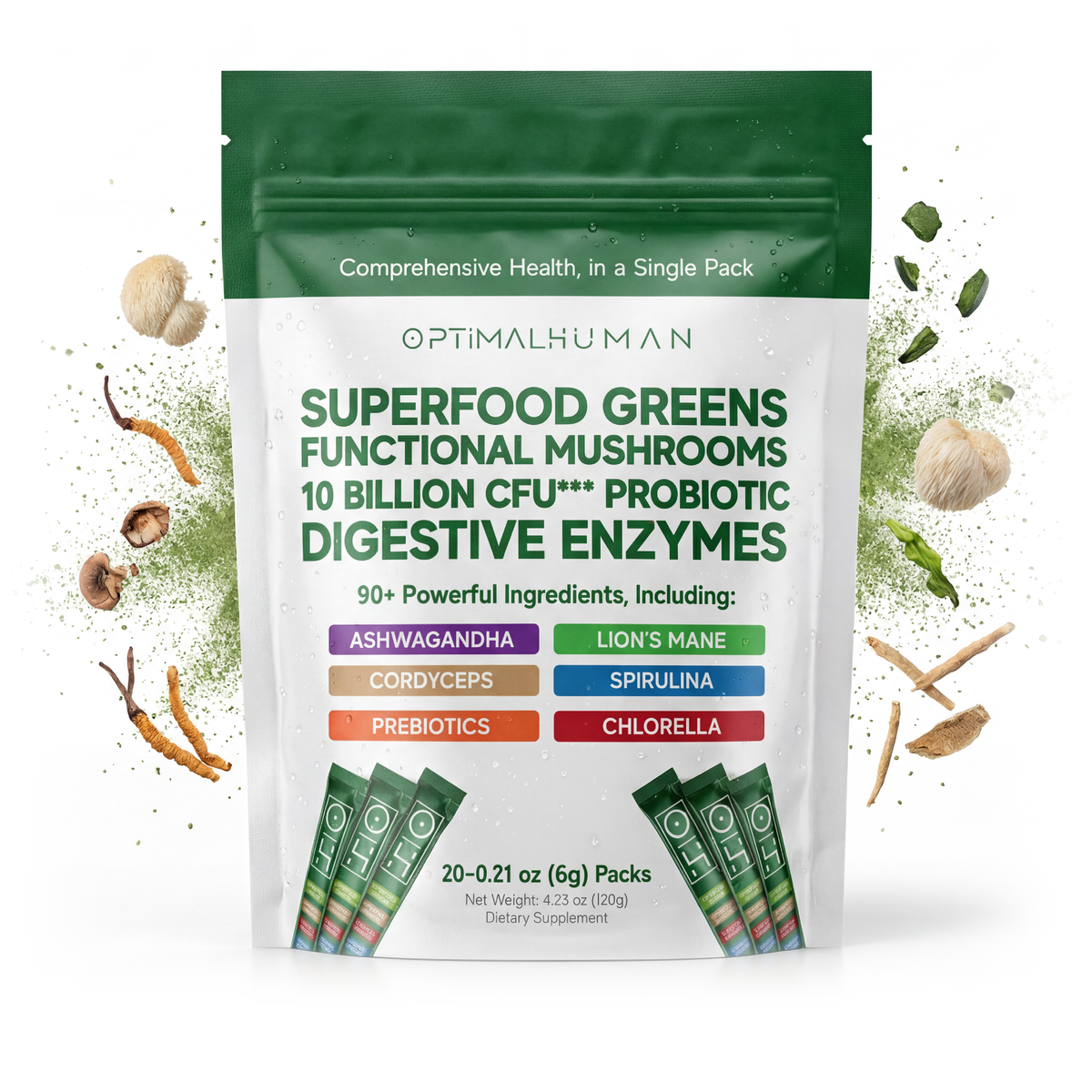 Optimal Human - Superfood Greens (Single-Serve Sachets) — Green and white Optimal Human stand-up pouch reading 'SUPERFOOD GREENS, FUNCTIONAL MUSHROOMS, 10 BILLION CFU PROBIOTIC, DIGESTIVE ENZYMES,' 20 single-serve 0.21 oz (6 g) sachets, with ASHWAGANDHA, LION'S MANE, CORDYCEPS, SPIRULINA, PREBIOTICS, CHLORELLA tags