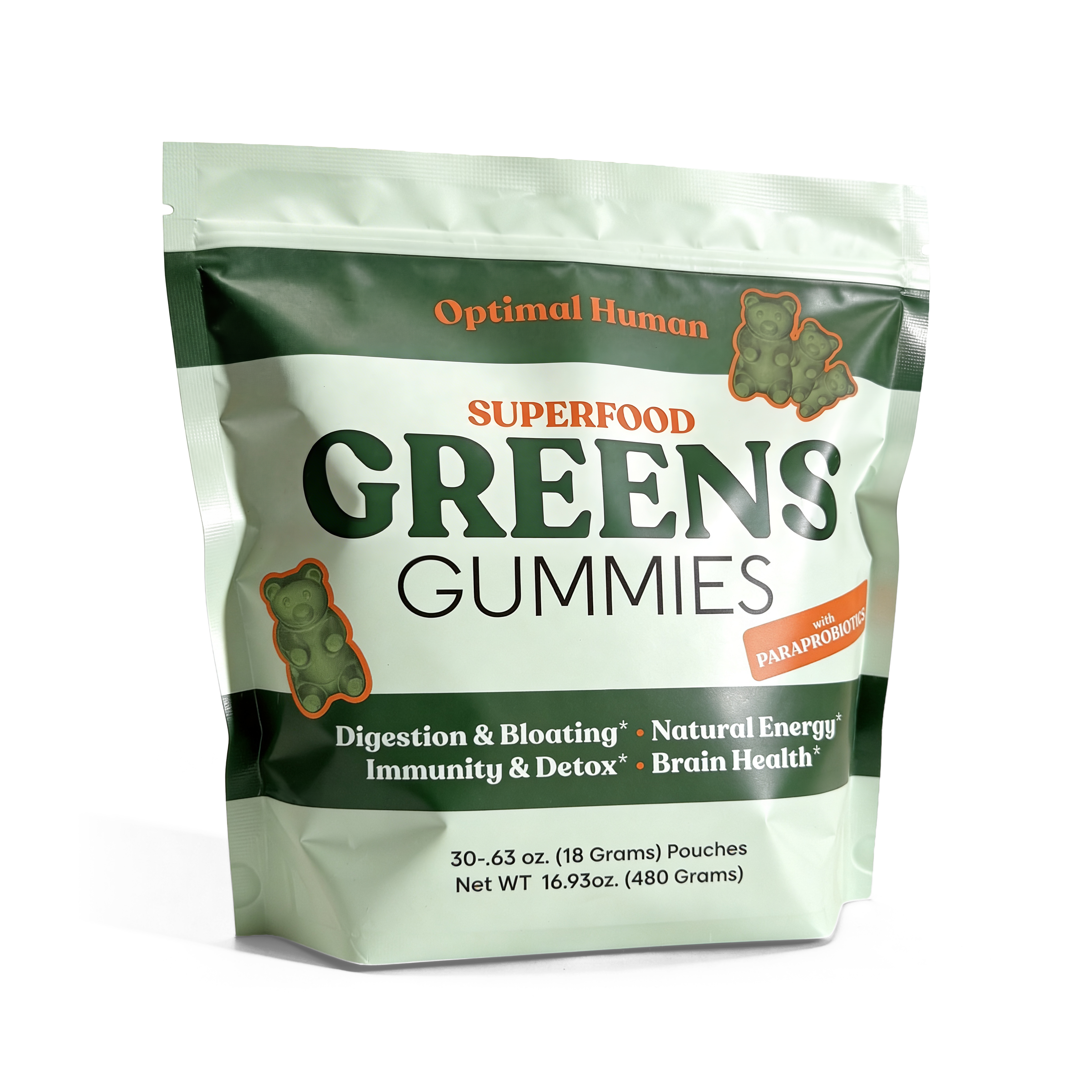 Optimal Human - Superfood Greens Gummies (30 Day Supply) — Front of green and cream Optimal Human stand-up pouch labeled 'Superfood Greens Gummies with Paraprobiotics', callouts read 'Digestion & Bloating, Natural Energy, Immunity & Detox, Brain Health', 30 pouches, 16.93 oz