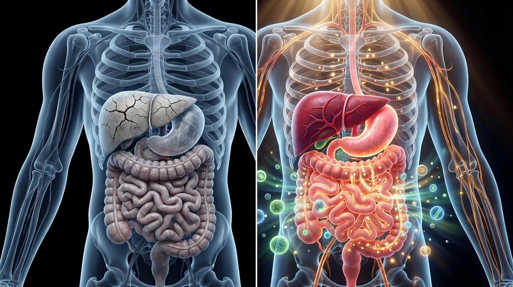 3D medical illustration comparing nutrient-depleted vs nutrient-rich body