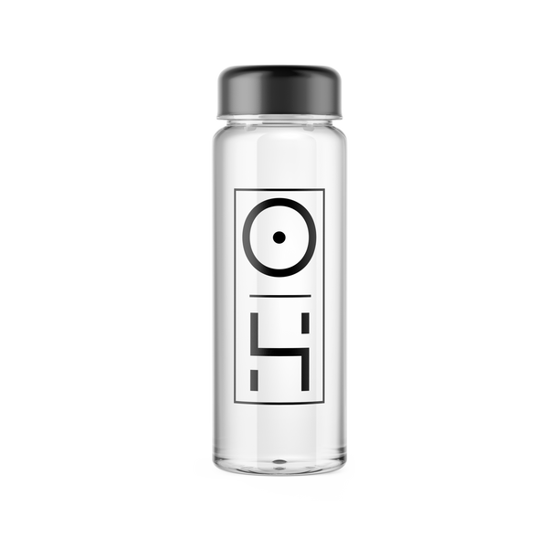 Optimal Human - Optimal Human Shaker Bottle — Clear glass shaker bottle with black screw lid and black framed Optimal Human 'OH' logo monogram on front, minimalist branding, product shot on white
