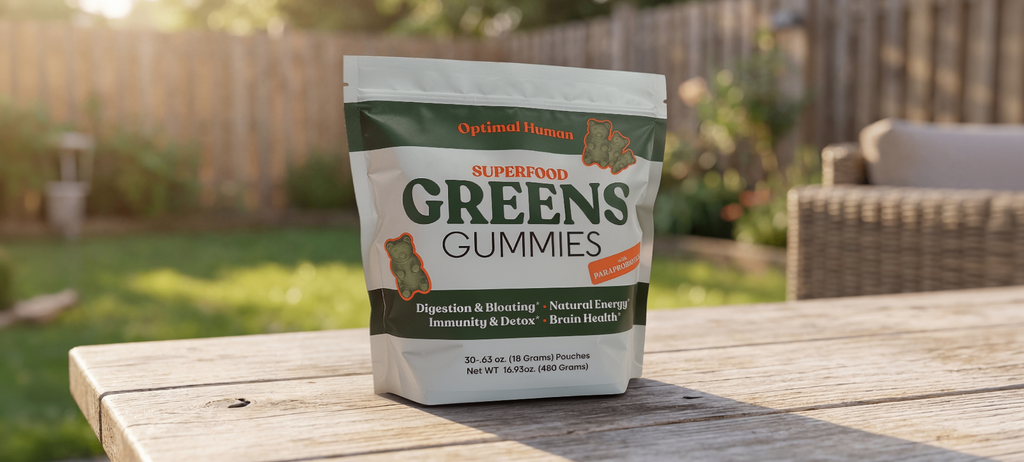 Optimal Human Superfood Greens Gummies product bag on table