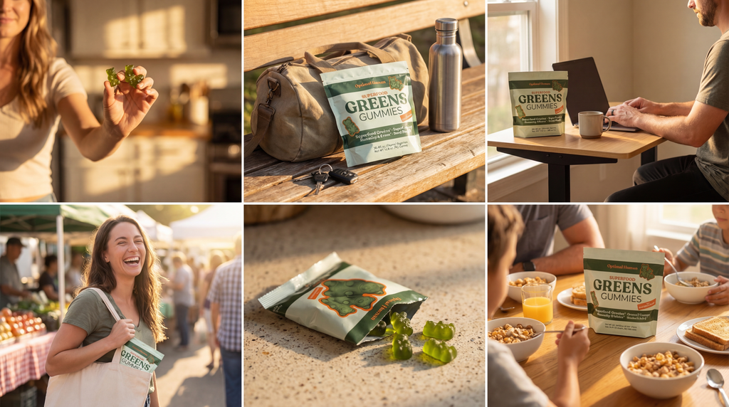 Greens Gummies lifestyle — kitchen, gym, work, market, supplements, breakfast