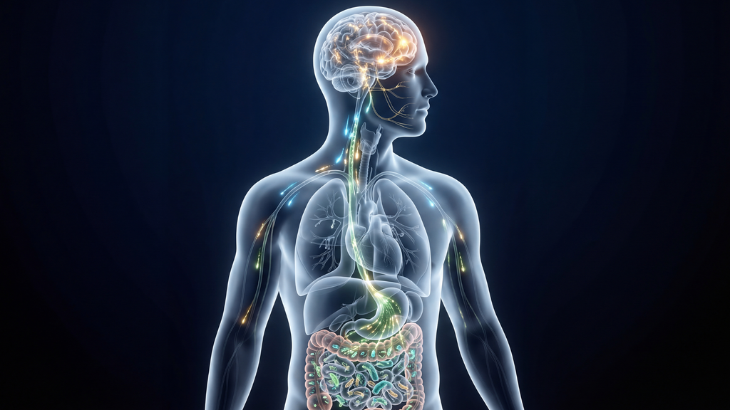 3D illustration of gut-brain axis showing vagus nerve connection