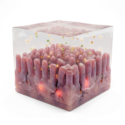 3D render of damaged inflamed intestinal villi failing to absorb nutrients