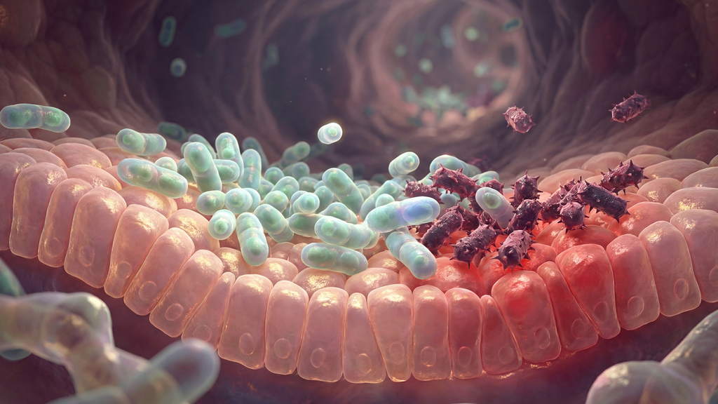 3D medical illustration of gut microbiome with probiotic bacteria
