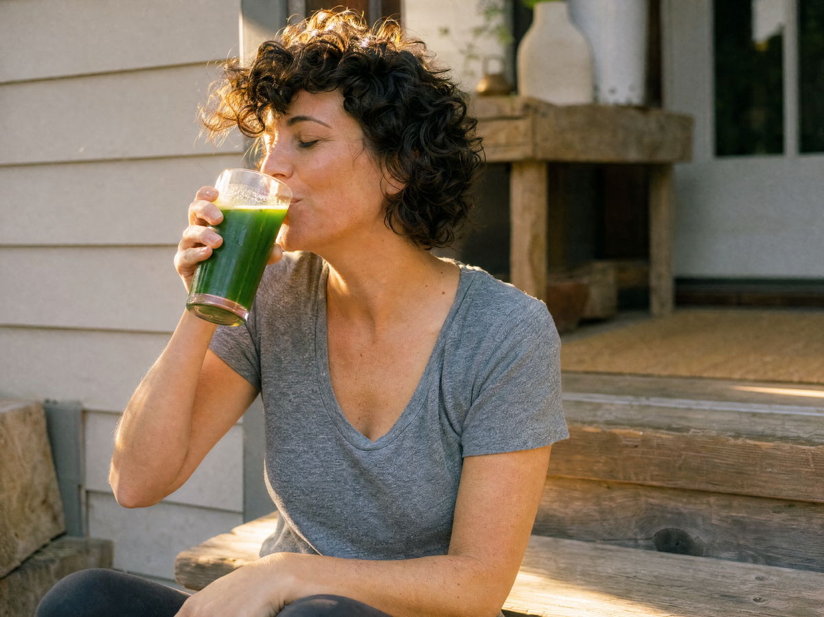 A woman sipping Superfood Greens from the bottle on a sunny porch step