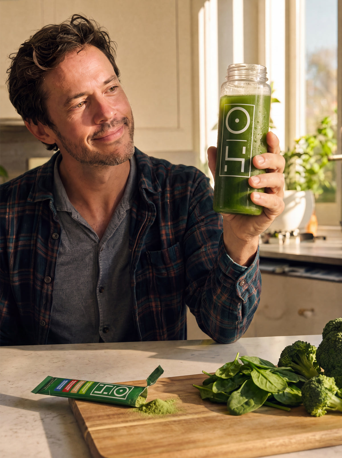 A man in a sunny kitchen holding up a bottle of Superfood Greens