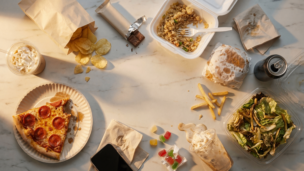 Chaotic kitchen countertop with junk food representing the modern diet problem