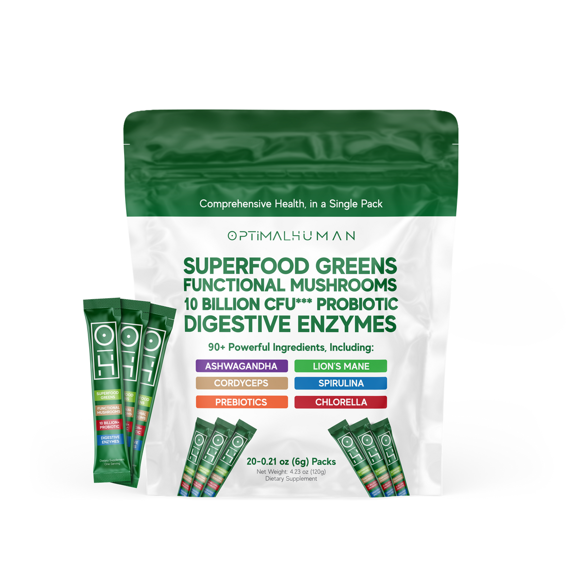 Optimal Human - Superfood Greens (Single-Serve Sachets) — Green and white stand-up pouch with green stick sachets, headline 'Superfood Greens Functional Mushrooms 10 Billion CFU Probiotic Digestive Enzymes', ingredient tags Ashwagandha, Lion's Mane, Cordyceps, Spirulina, Prebiotics, Chlorella