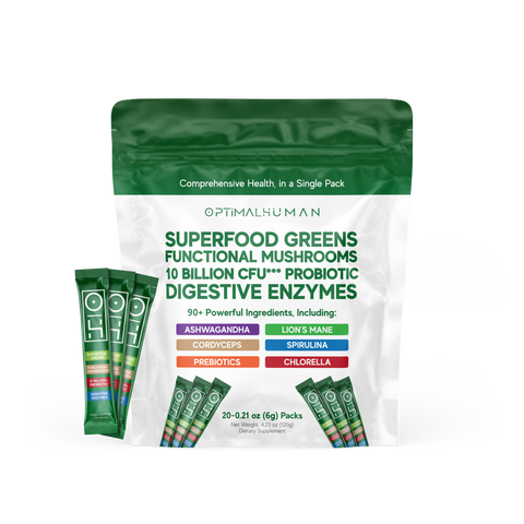 Packaging of Optimal Human Superfood Greens with green and white design