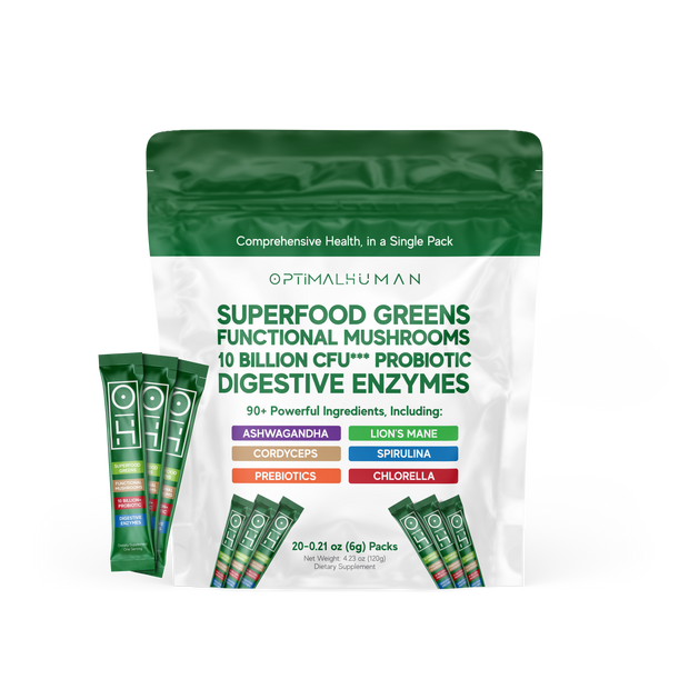 Optimal Human - Superfood Greens (Single-Serve Sachets) — Green and white stand-up pouch with green stick sachets, headline 'Superfood Greens Functional Mushrooms 10 Billion CFU Probiotic Digestive Enzymes', ingredient tags Ashwagandha, Lion's Mane, Cordyceps, Spirulina, Prebiotics, Chlorella