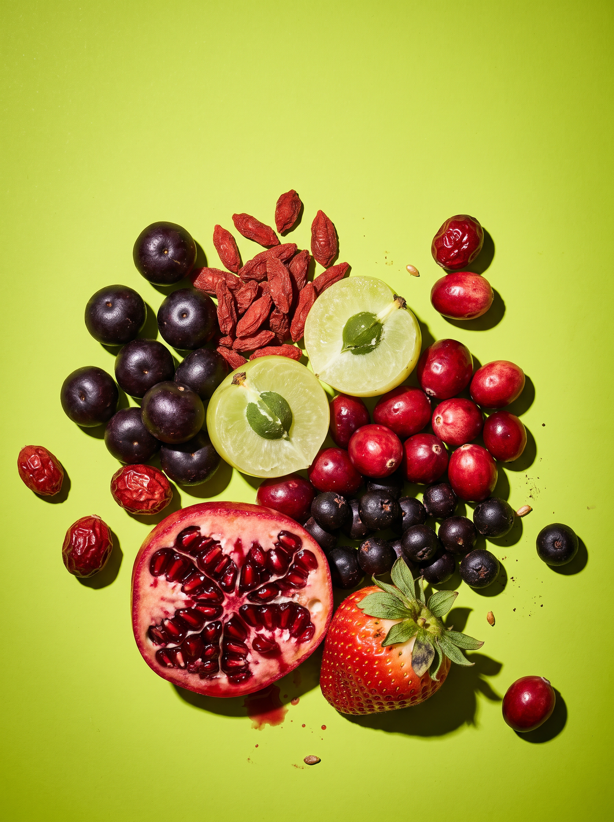 Acai, goji, amla, cranberry and pomegranate gathered in a cluster