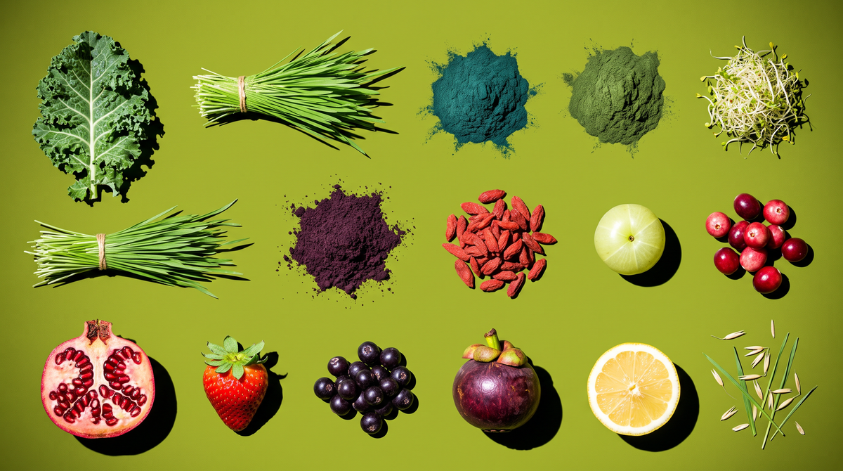 The organic fruits, vegetables and grasses in Superfood Greens Gummies, laid out on white