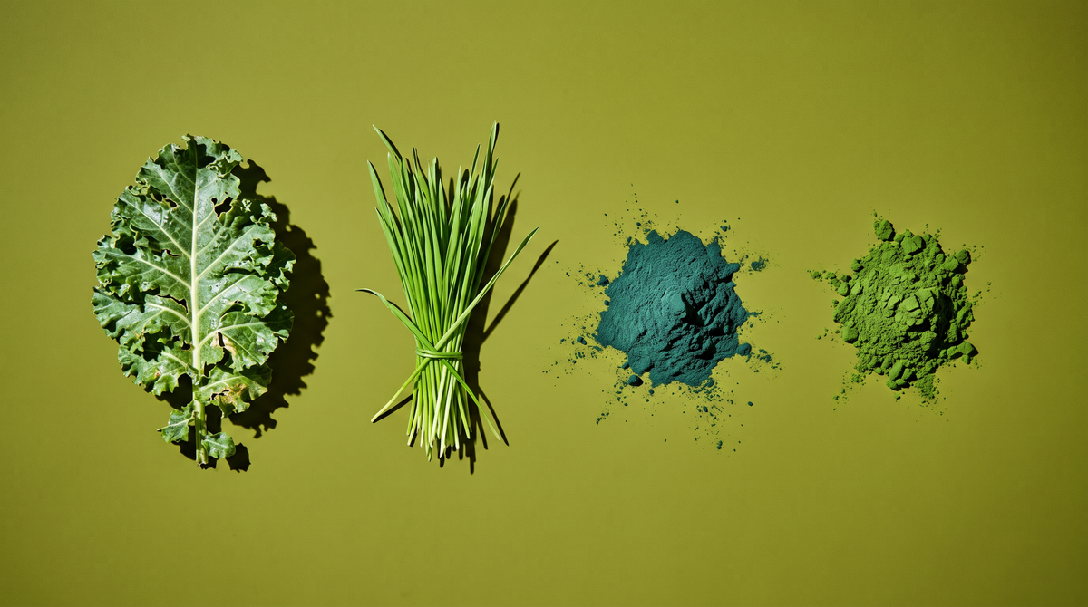 Kale, wheatgrass, spirulina and chlorella laid out in a row
