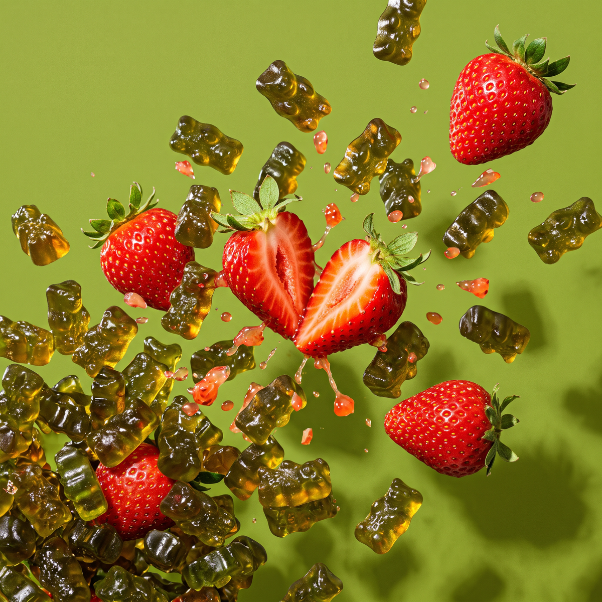Green superfood gummies and fresh strawberries bursting outward in mid-air