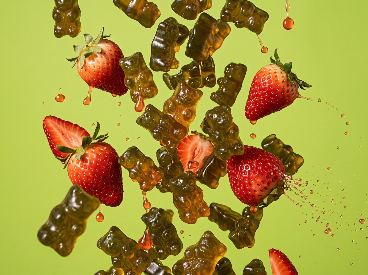 A cascade of green superfood gummies tumbling through the air with strawberries and juice droplets