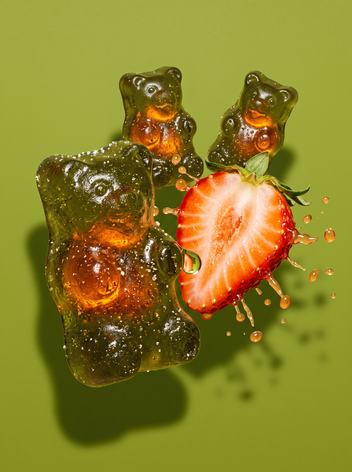 Close-up of green superfood gummies and a halved strawberry suspended in mid-air