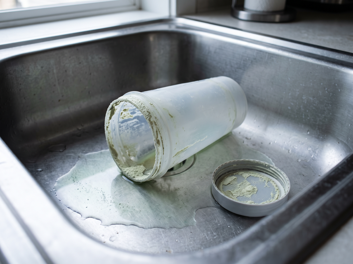 A shaker bottle left in a sink with dried green powder residue