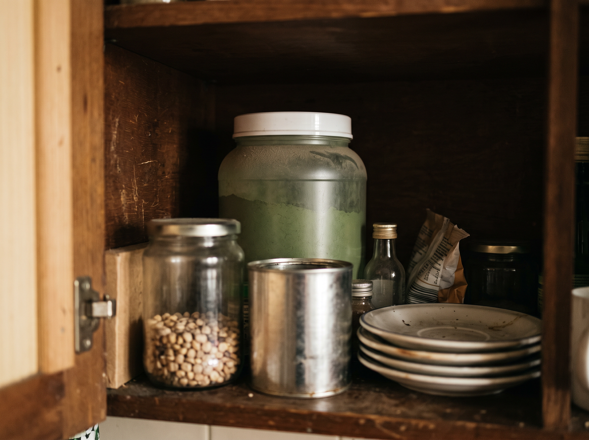 A tub of greens powder pushed to the back of a kitchen cabinet