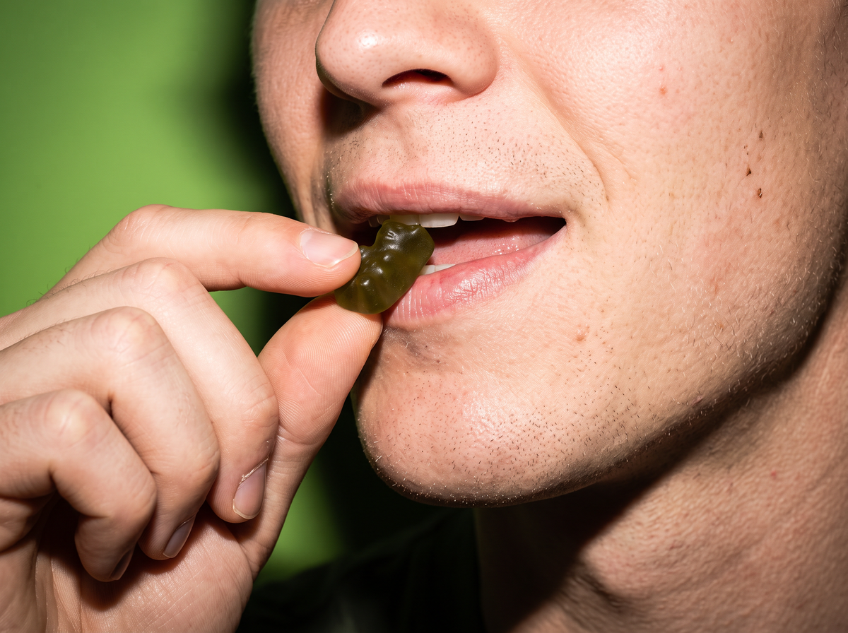 A green superfood gummy being placed between the lips