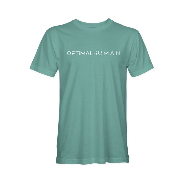 Optimal Human - Optimal Human T-Shirt — Sage green short-sleeve crew neck T-shirt laid flat with white 'OPTIMALHUMAN' wordmark printed across the chest, product photography on white background