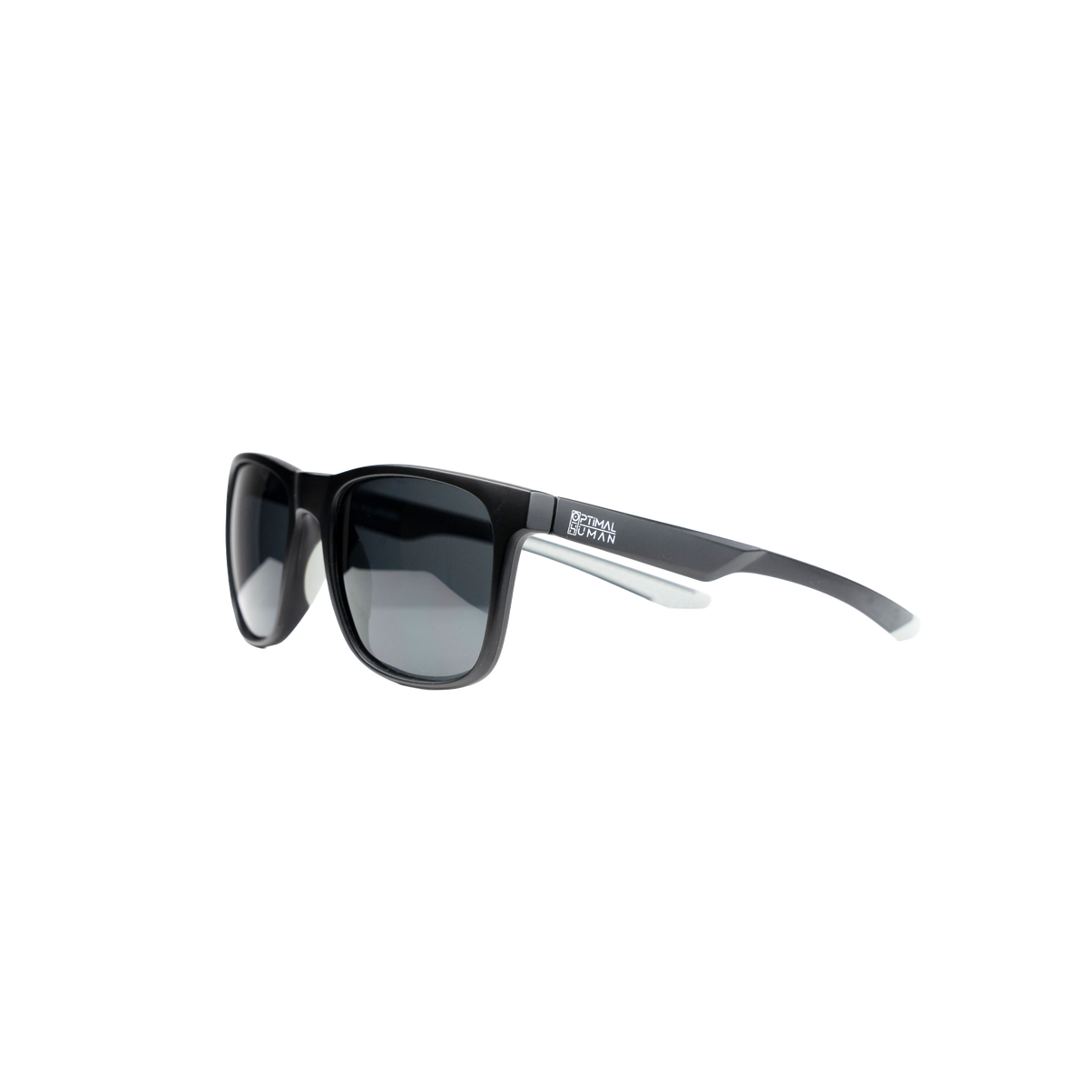 Optimal Human - Optimal Human Sunglasses — Glossy black square-frame Optimal Human sunglasses with smoked gray gradient lenses and white Optimal Human OH boxed logo on the temple, side angle product shot on white