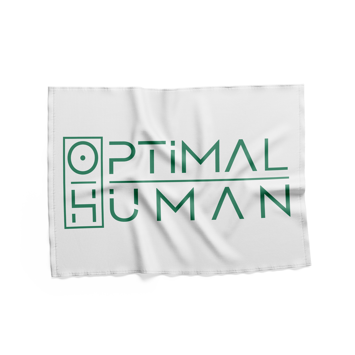 Optimal Human - Optimal Human Gym Towel — White rectangular gym towel with dark green stylized 'OPTIMAL HUMAN' boxed logo monogram printed in the center, soft draped fabric, flat lay on white