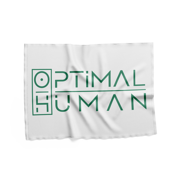 Optimal Human - Optimal Human Gym Towel — White rectangular gym towel with dark green stylized 'OPTIMAL HUMAN' boxed logo monogram printed in the center, soft draped fabric, flat lay on white