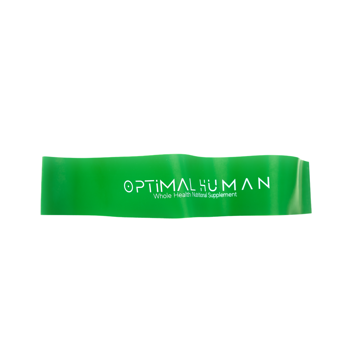 Optimal Human - Optimal Human Workout Band — Green flat loop resistance workout band with white 'OPTIMALHUMAN' wordmark and 'Whole Health Natural Supplement' tagline printed on it, product shot on white background